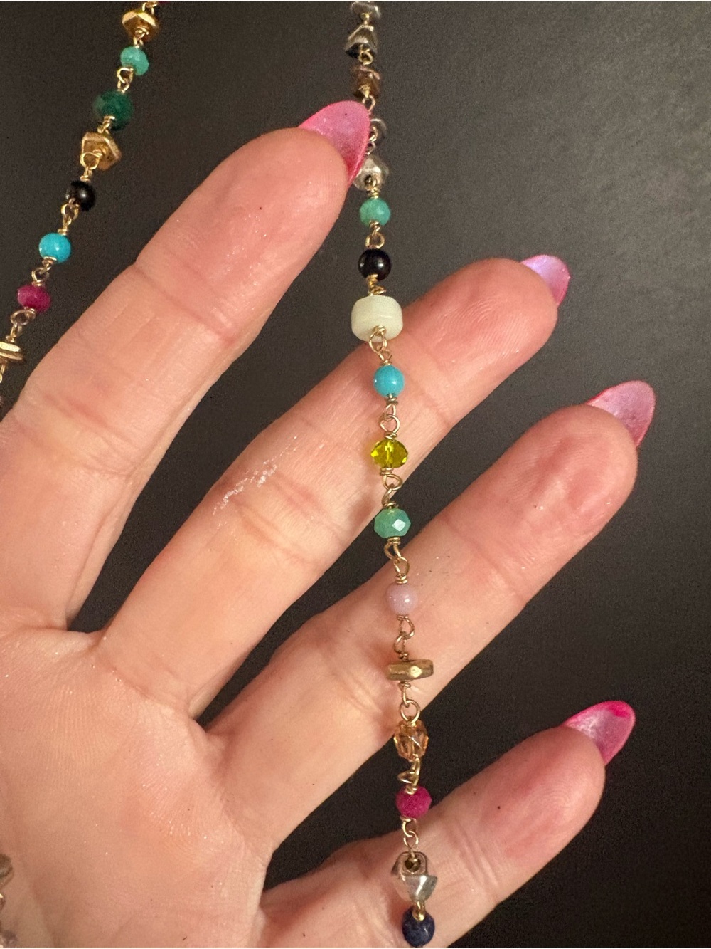 Multi-Color Beaded Gold Chain Necklace - Colorful Gemstone Accent